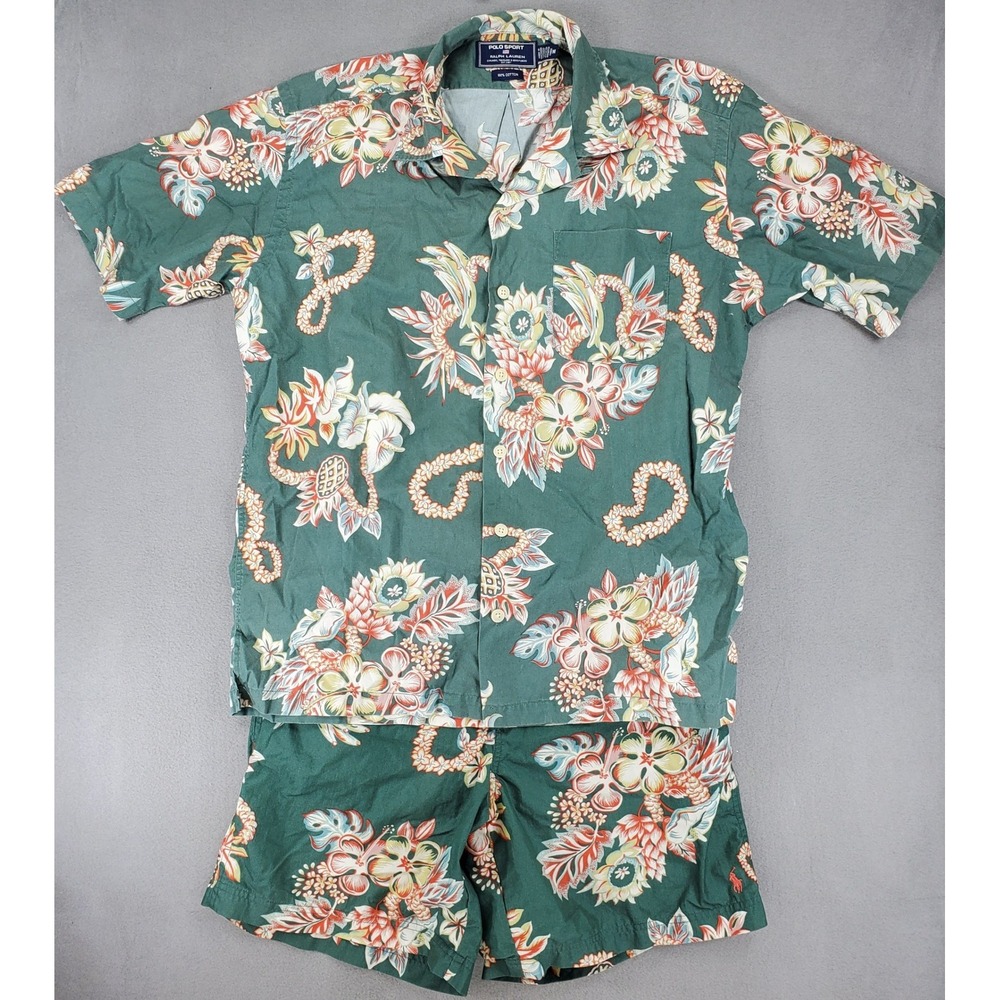 Polo Sport Ralph Lauren Hawaiian Shirt Swim Shorts Set M Green Floral‎ Tropical